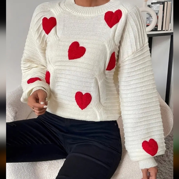 New Long Sleeve Heart Pattern Drop Shoulder Sweater Elegant Cable Knit Crew Neck - Picture 1 of 1
